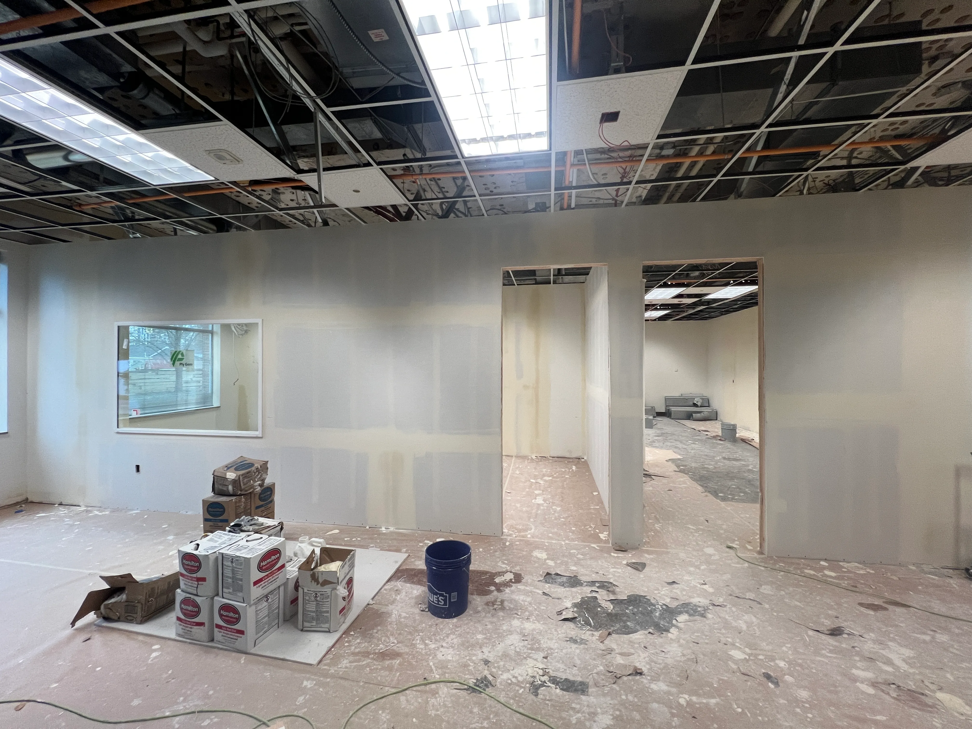 Classroom walls taped and mudded