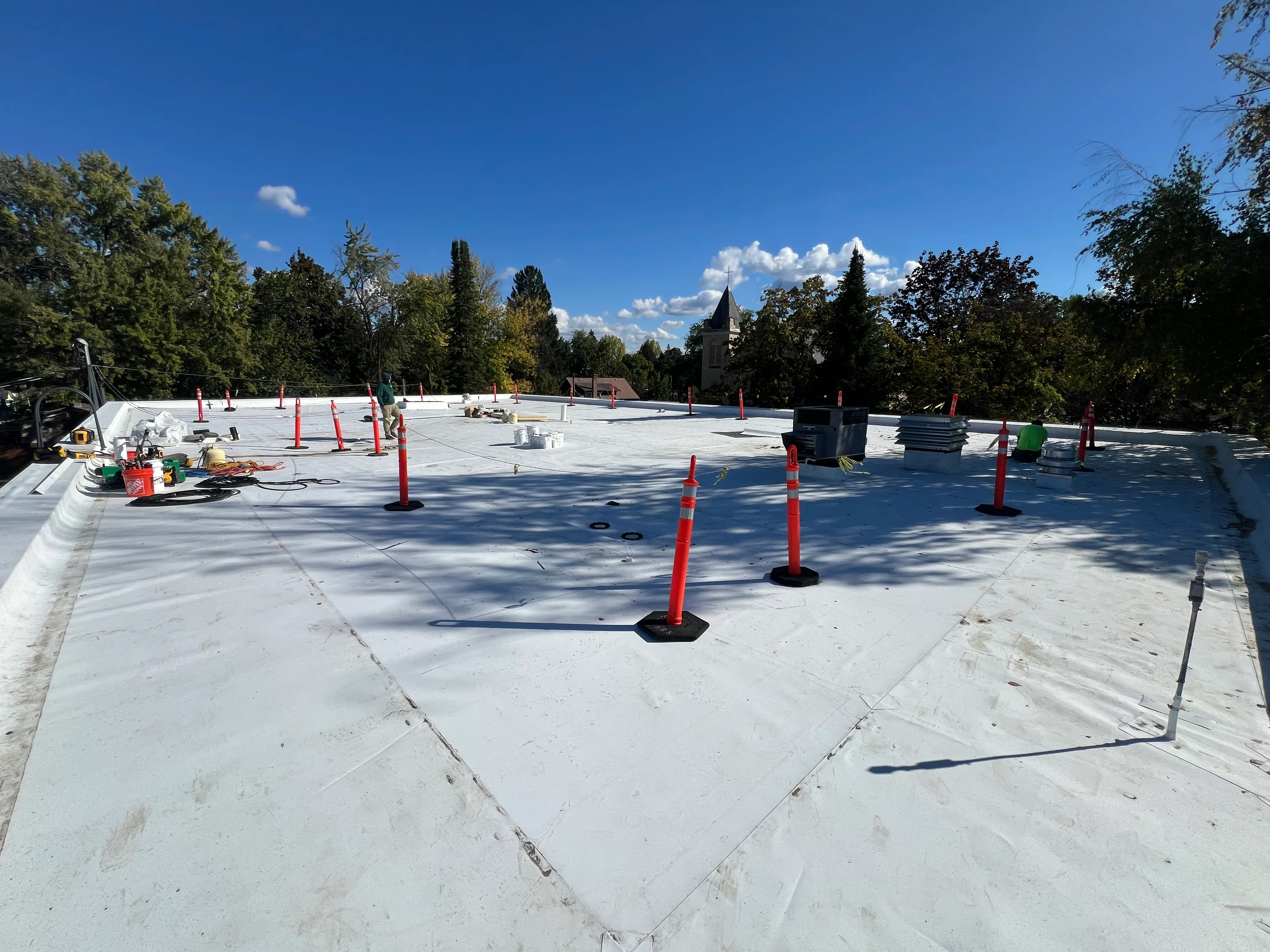 New white TPO roof membrane installed