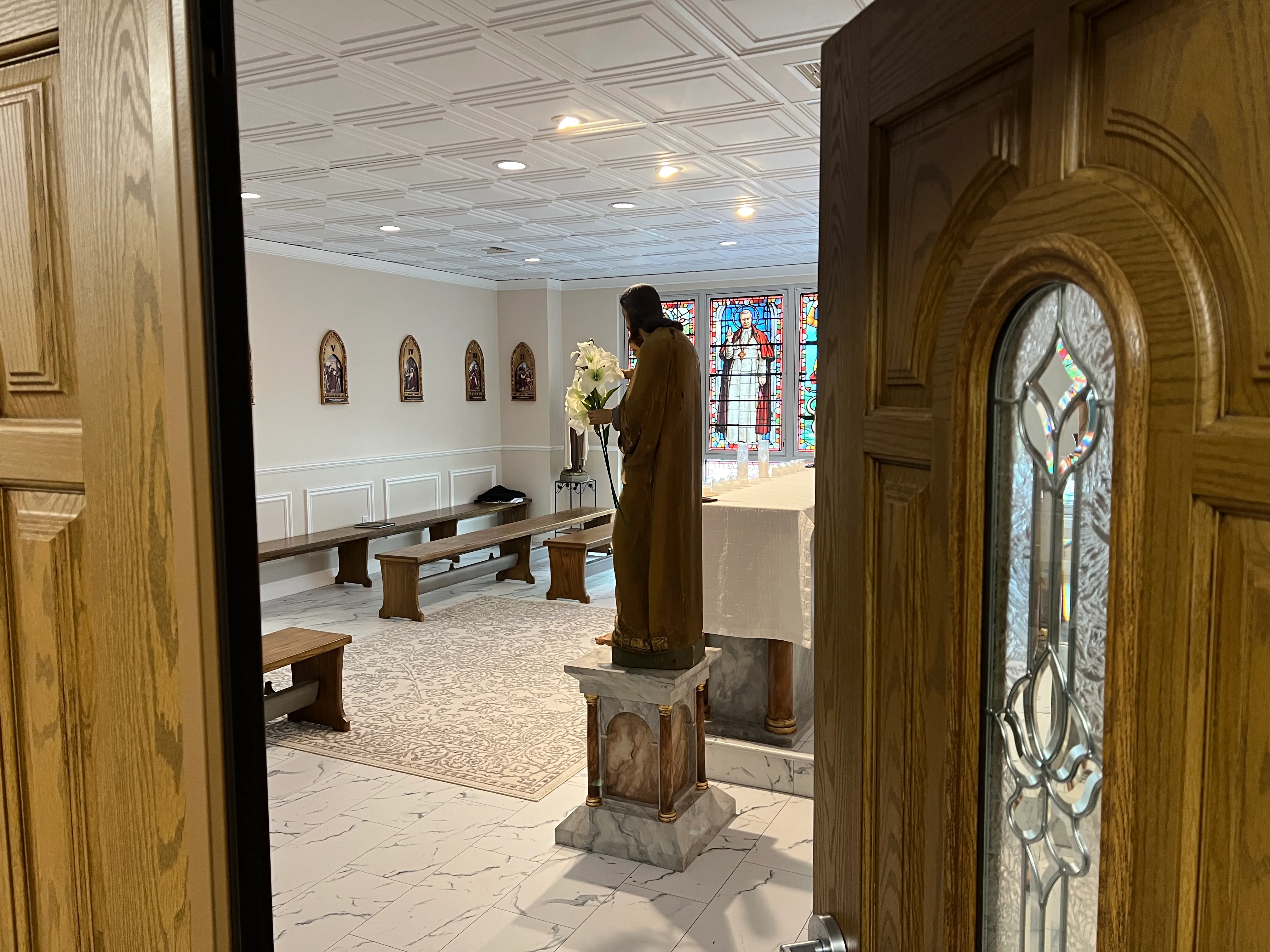View through oak doors into the finished chapel