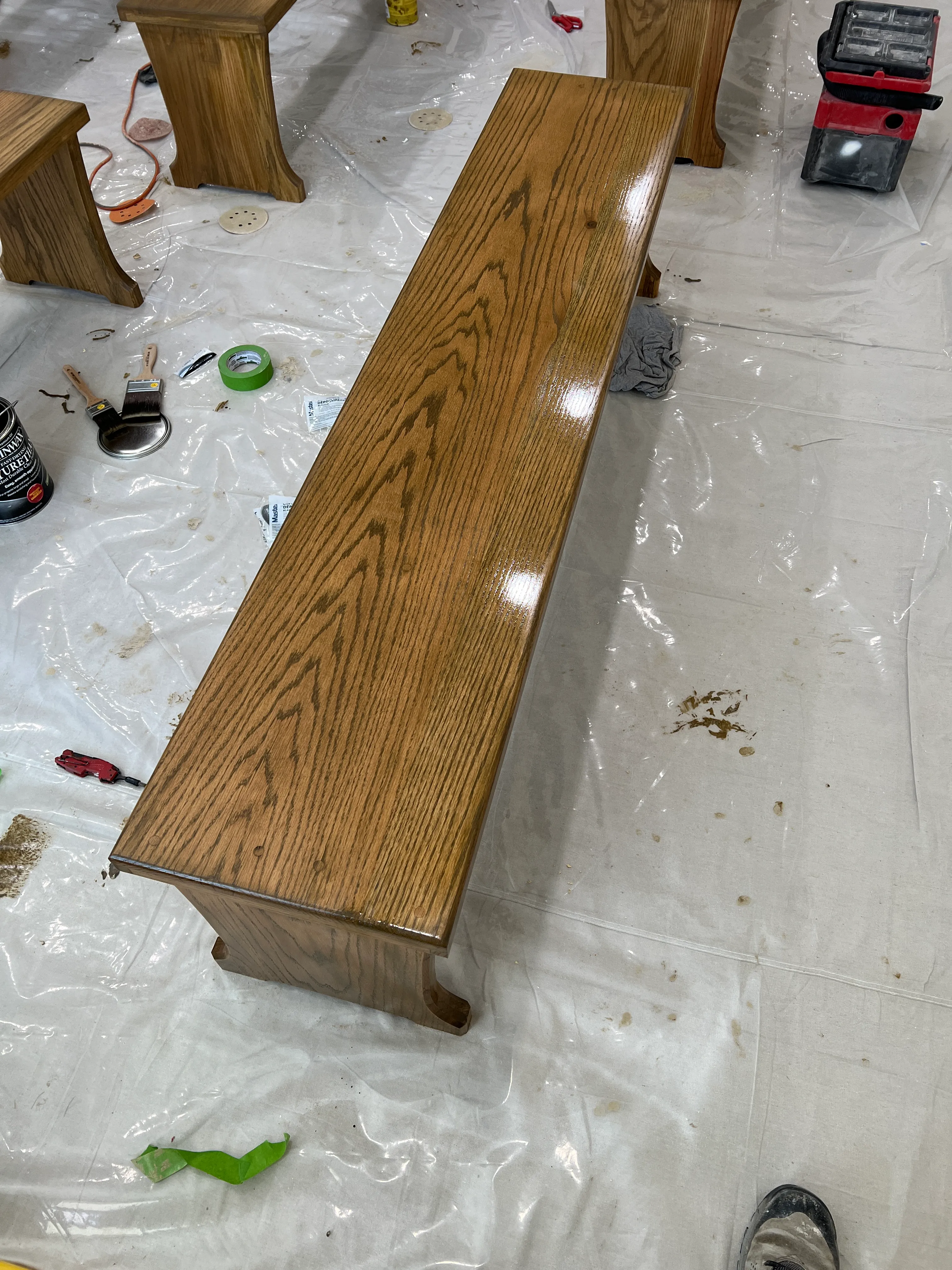 Freshly stained oak bench detail
