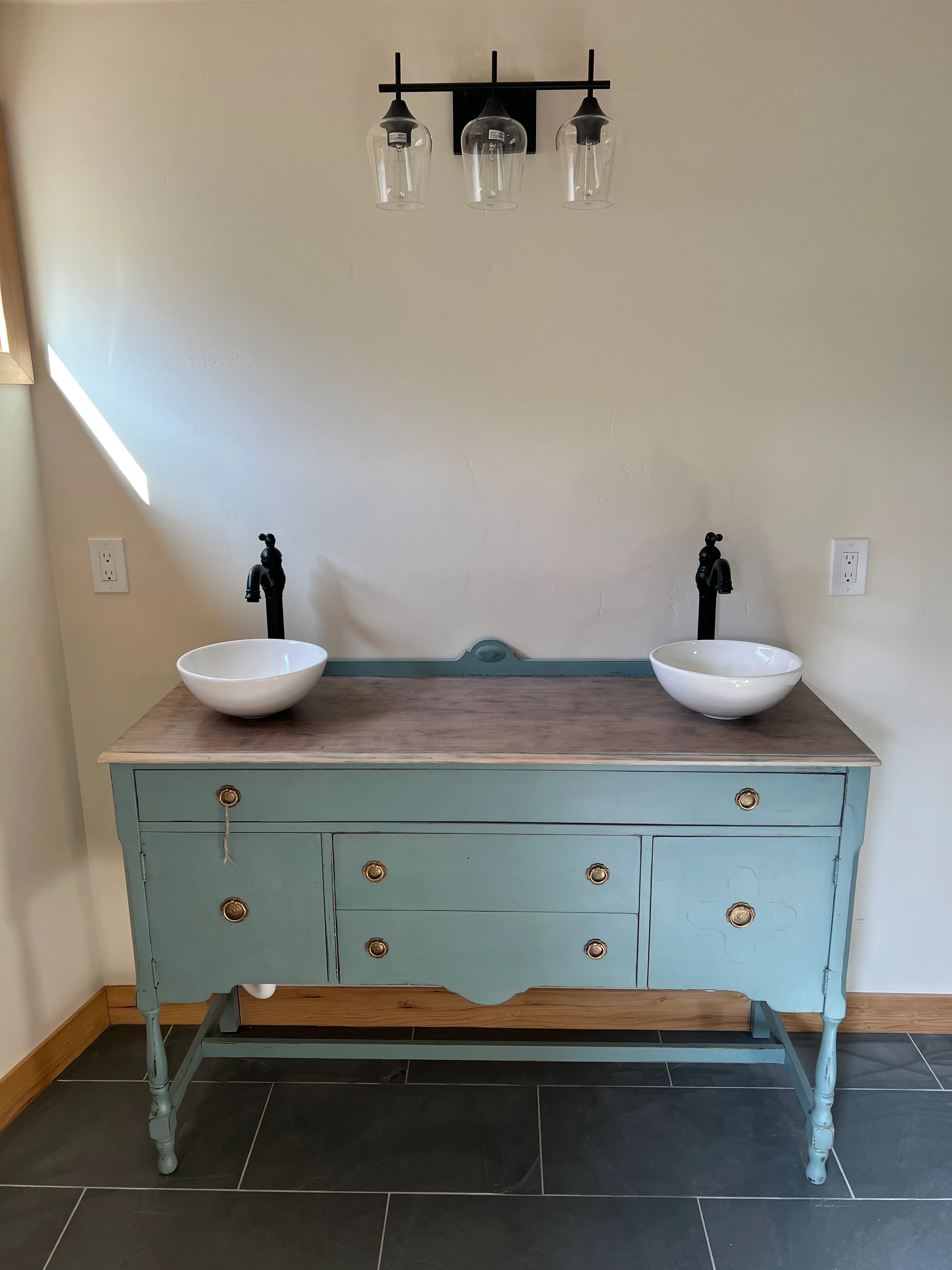 Antique dresser double vanity with vessel sinks