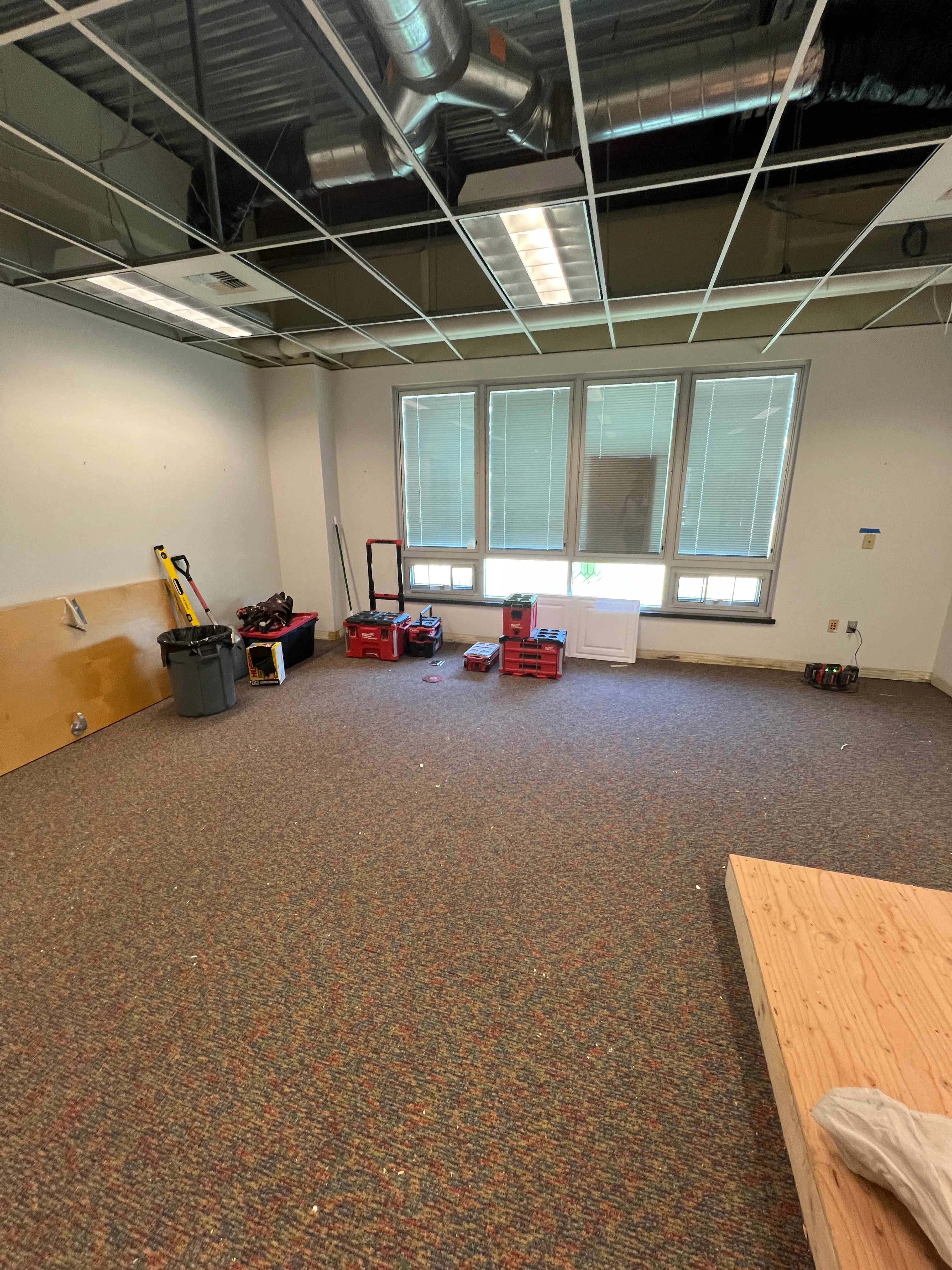 Original carpeted storage room before conversion