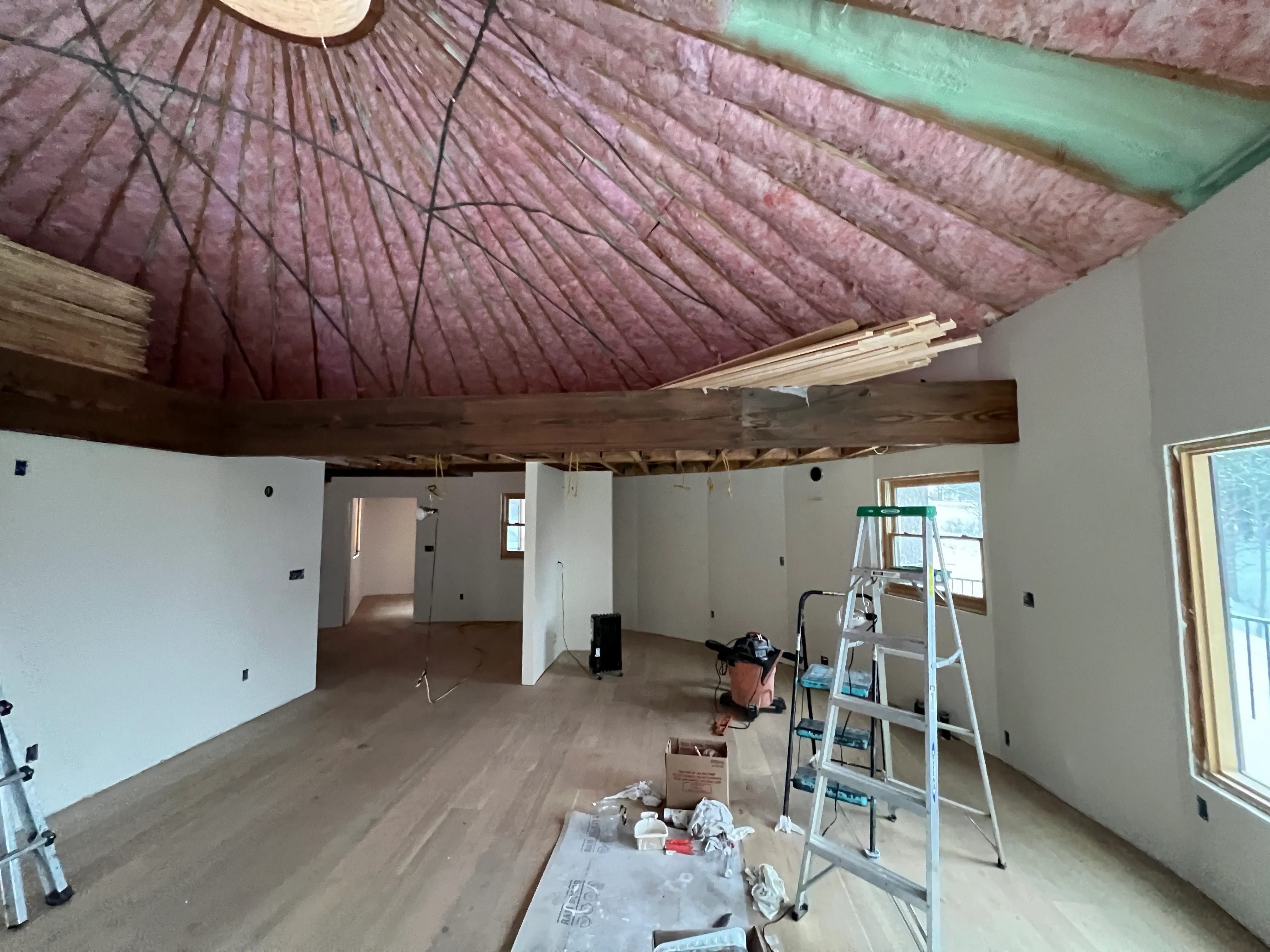 Yurt interior under construction showing exposed dome structure