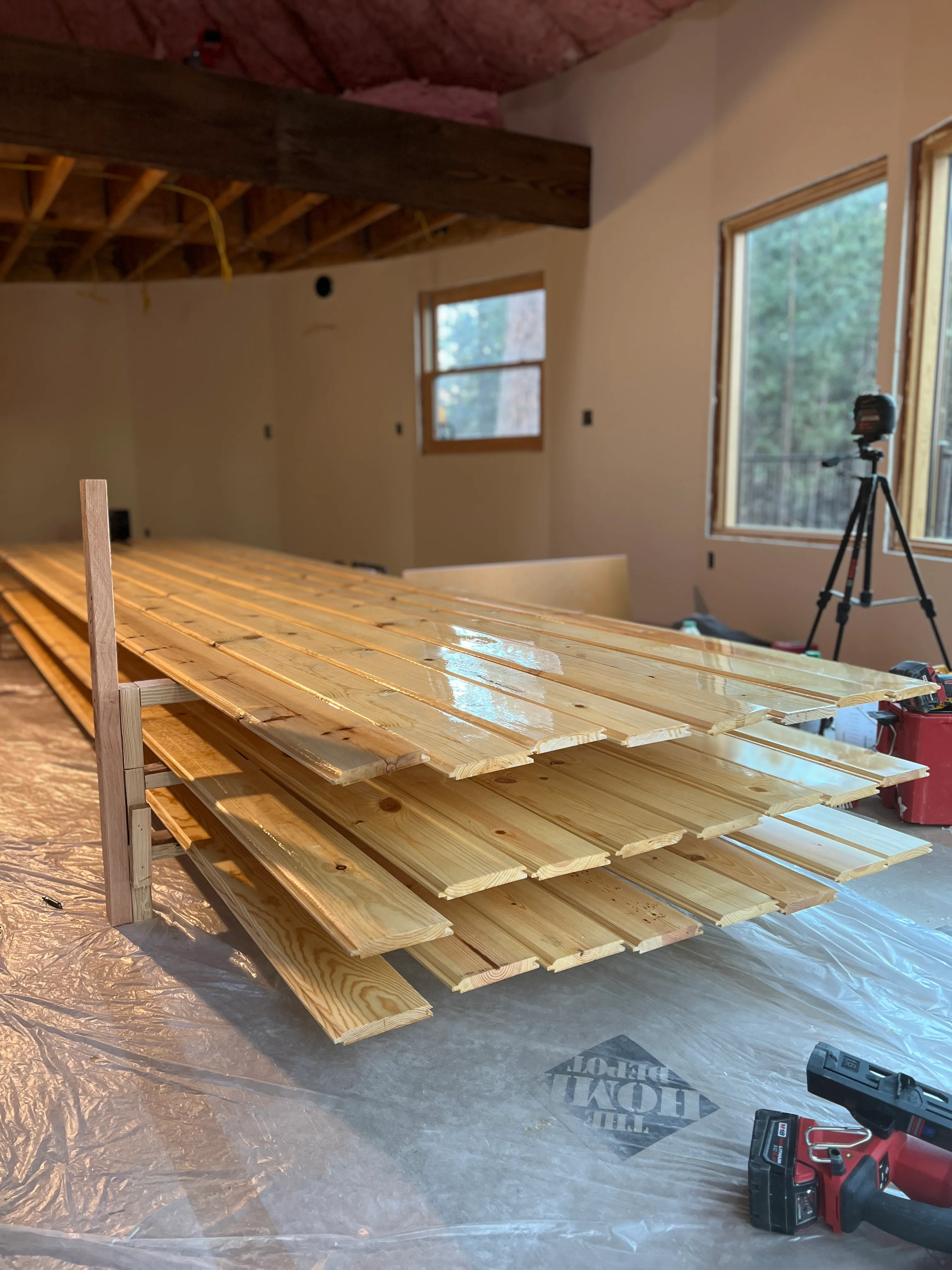 Pine and hemlock boards being prefinished