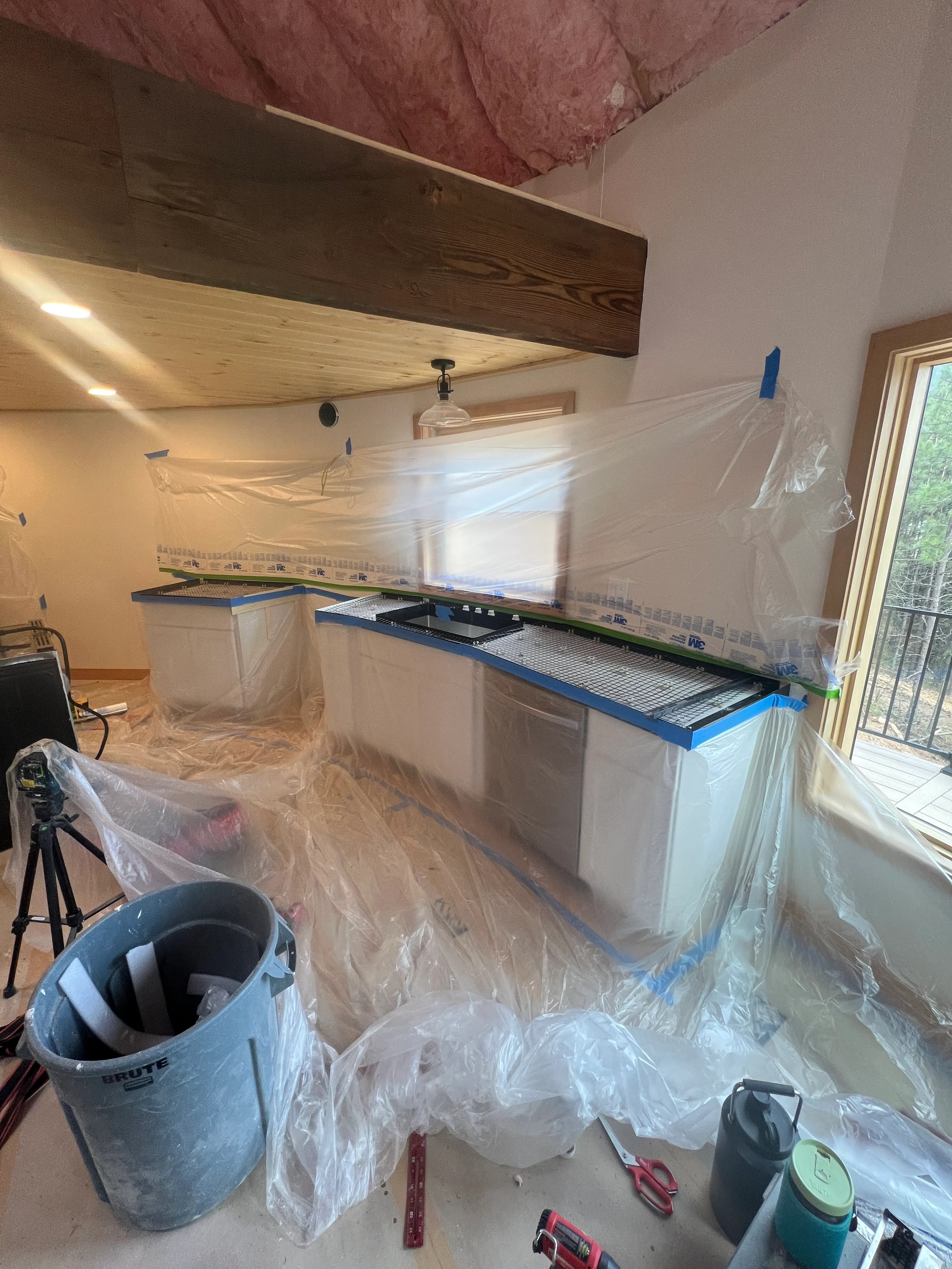Poured-in-place concrete countertop being formed